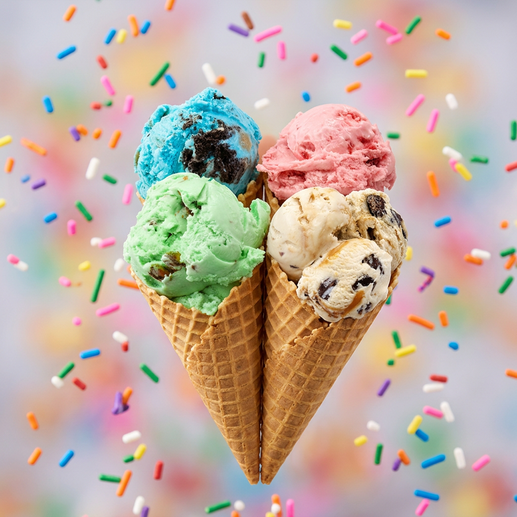 Three waffle cones with colorful scoops of Gifford's ice cream