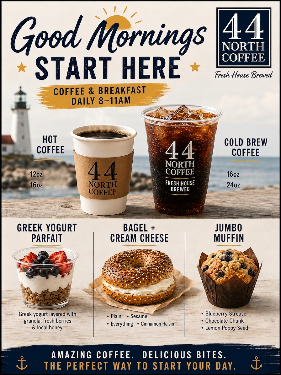 Good Mornings Start Here — 44 North Coffee, hot coffee, cold brew, Greek yogurt parfait, bagel with cream cheese, and jumbo muffin served daily 8–11 AM at Harbor Ice Cream